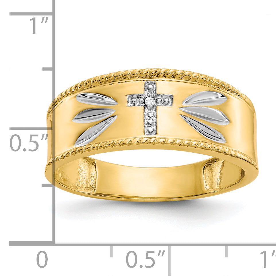 10k & Rhodium .01ct. Diamond Trio Men's Cross Wedding Band