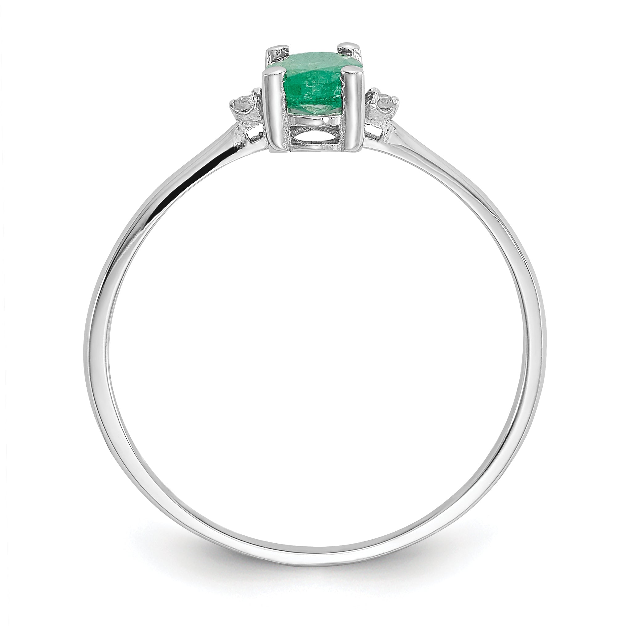 10k White Gold Polished Genuine Diamond & Emerald Birthstone Ring