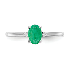 10k White Gold Polished Genuine Diamond & Emerald Birthstone Ring