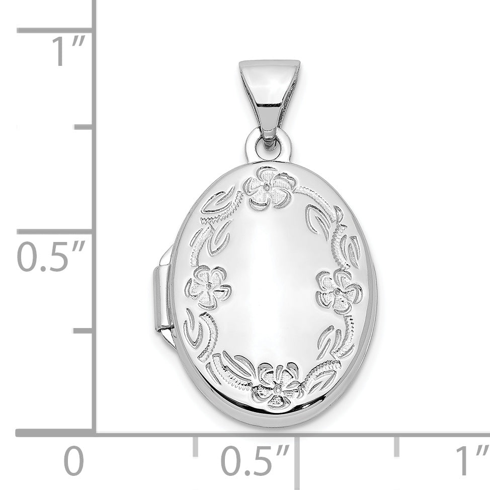 10k White Gold 17mm Oval Leaf Floral Hand Engraved Locket