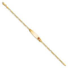 10k Medical Soft Diamond Shape Red Enamel Figaro ID Bracelet - 7