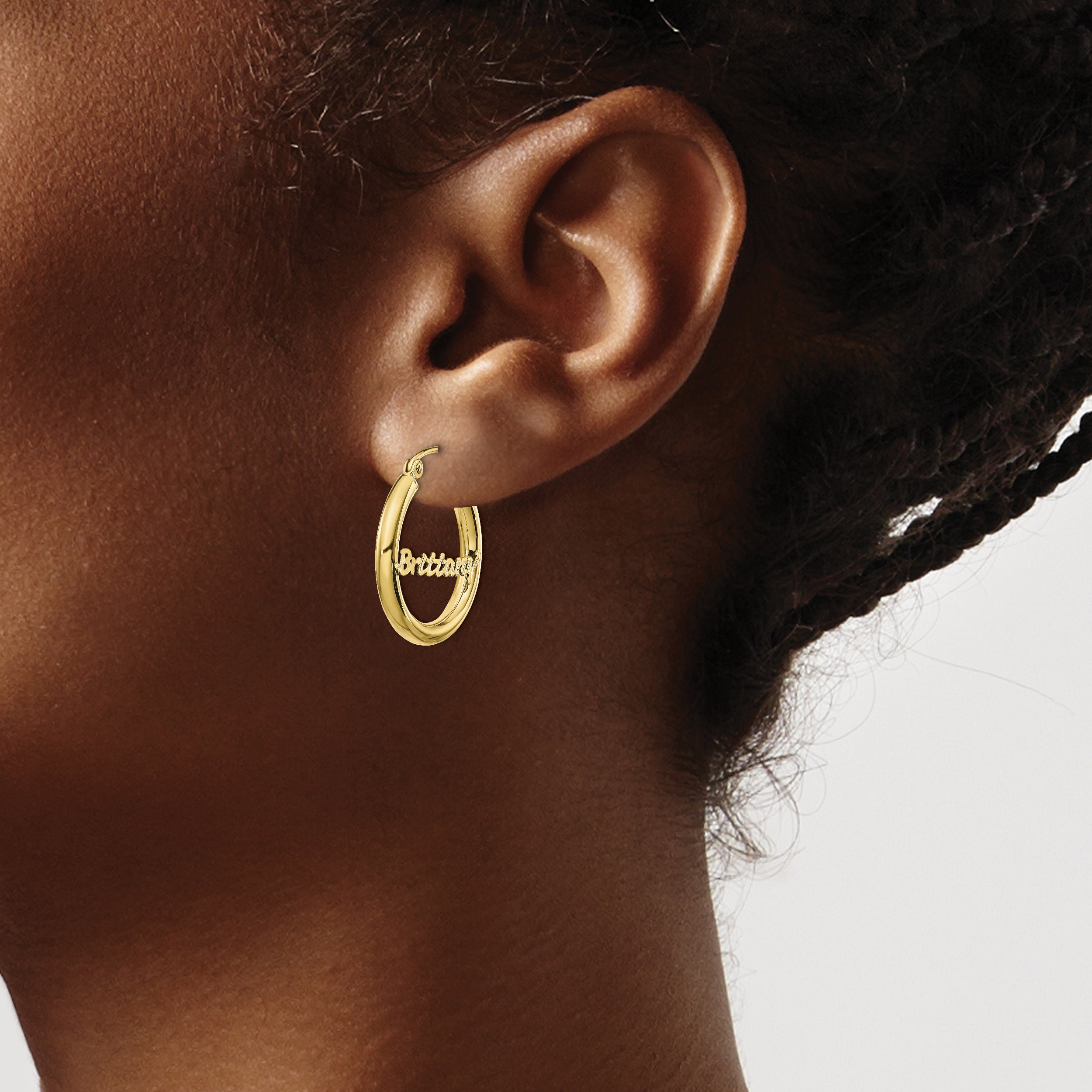 10K Small Polished and Diamond Cut Name Plate Hoop Earrings