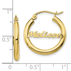 10KY Small Satin and Diamond Cut Name Plate Hoop Earrings