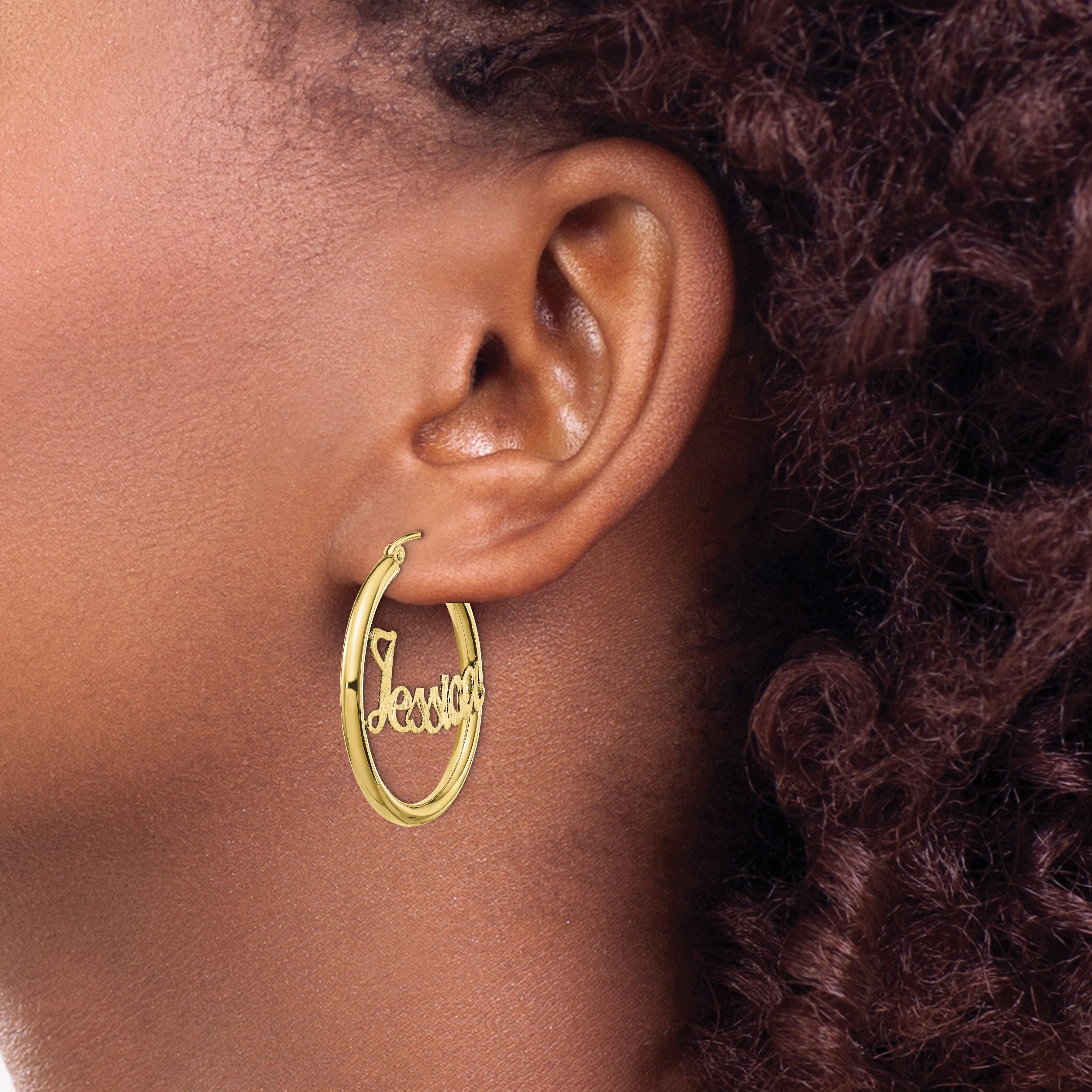10K Satin and Diamond Cut Name Plate Hoop Earrings