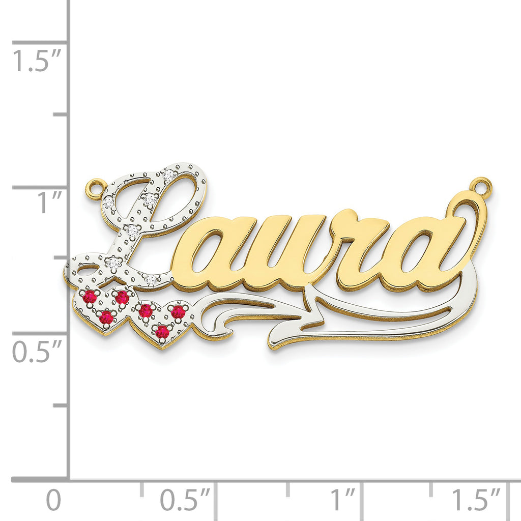 10KY and Rhodium and Ruby 3D Diamond with Hearts Name Plate