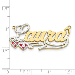 10KY and Rhodium and Ruby 3D Diamond with Hearts Name Plate
