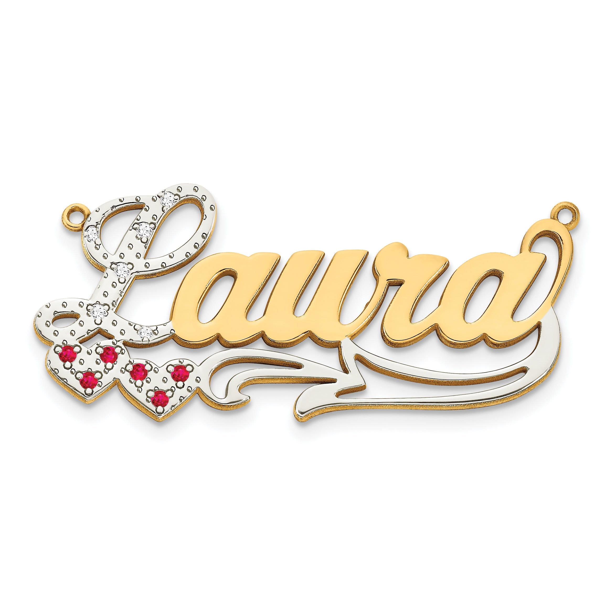 10KY and Rhodium and Ruby 3D Diamond with Hearts Name Plate Main image