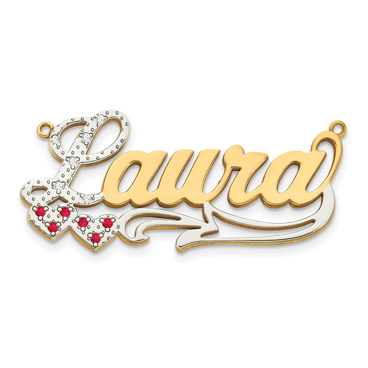 10KY and Rhodium and Ruby 3D Diamond with Hearts Name Plate