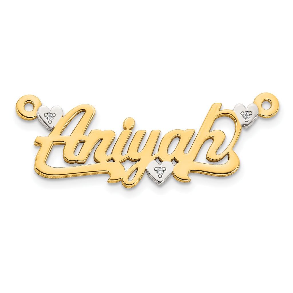 10KY and Rhodium 3D Diamond with Hearts Name Plate
