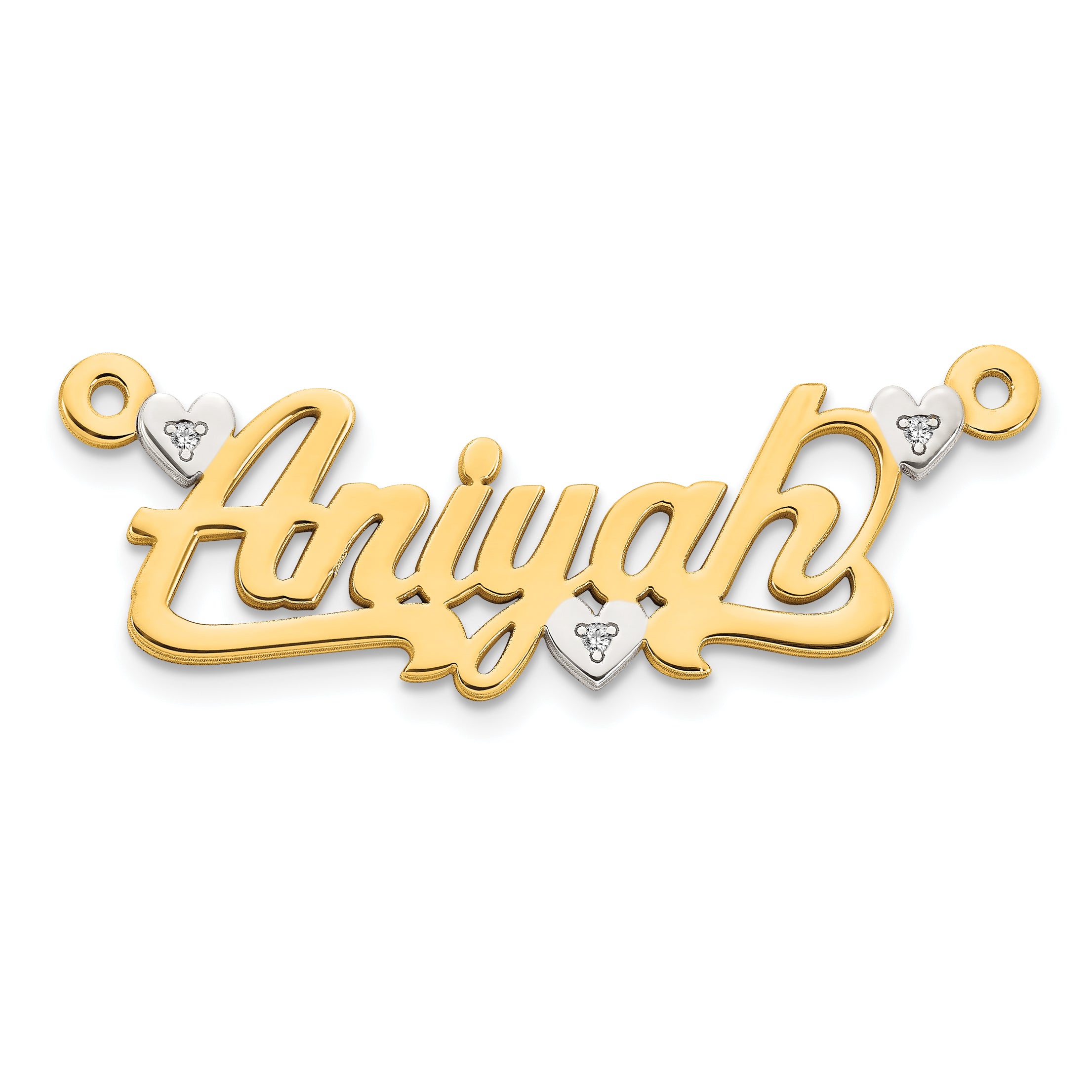 10KY and Rhodium 3D Diamond with Hearts Name Plate