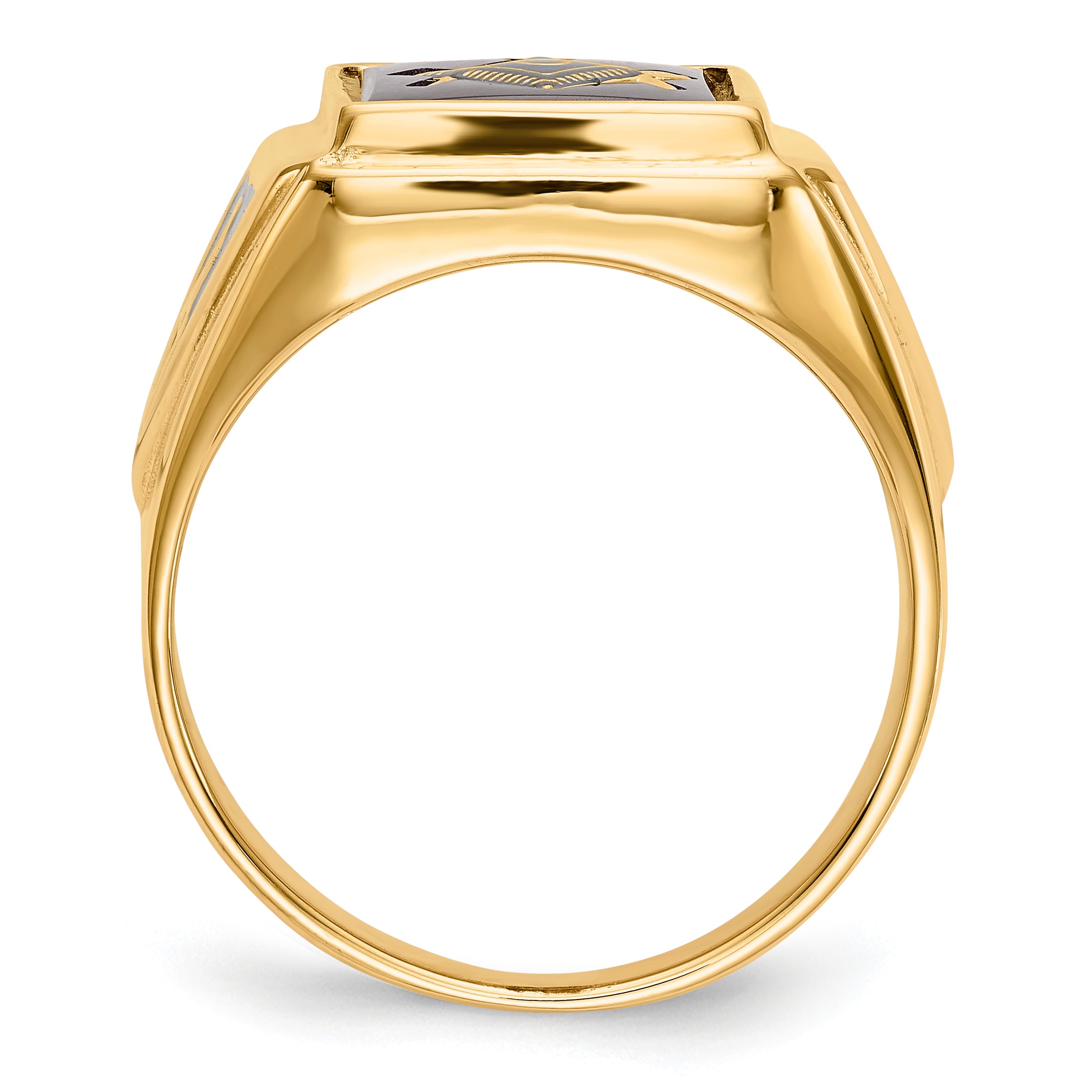 10k Men's Polished and Textured with Black Enamel and Lab Created Ruby Masonic Ring