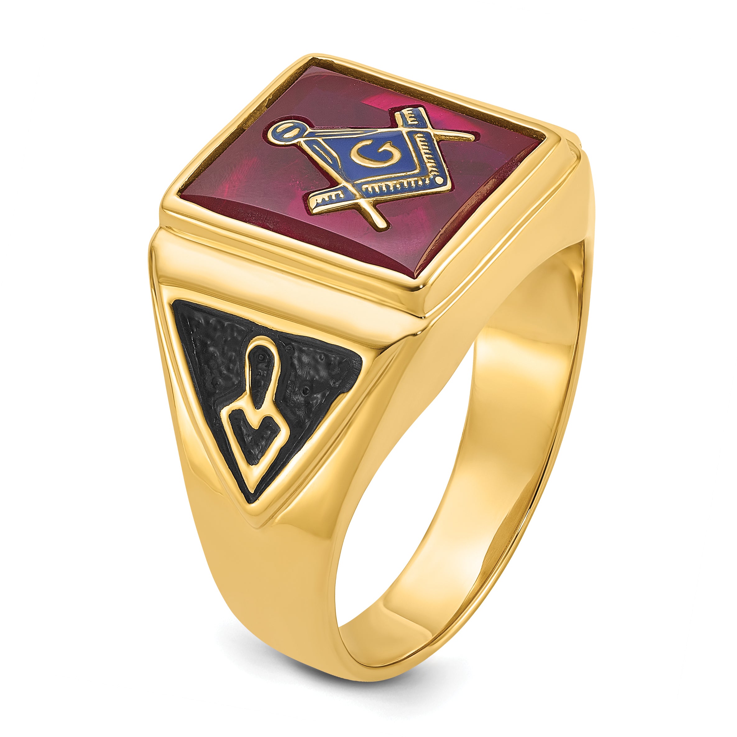 10k Men's Polished and Textured with Black Enamel and Lab Created Ruby Masonic Ring