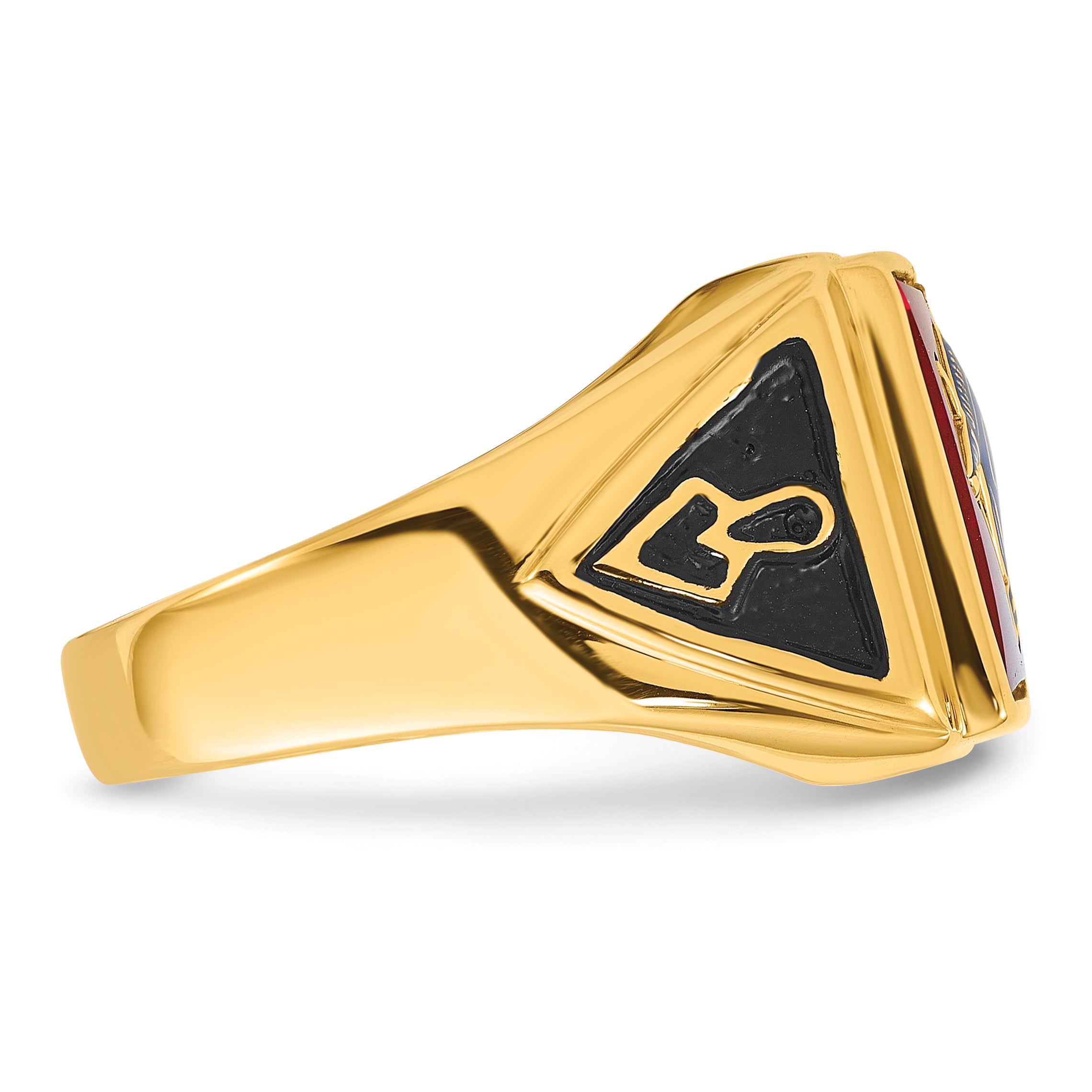 10k Men's Polished and Textured with Black Enamel and Lab Created Ruby Masonic Ring