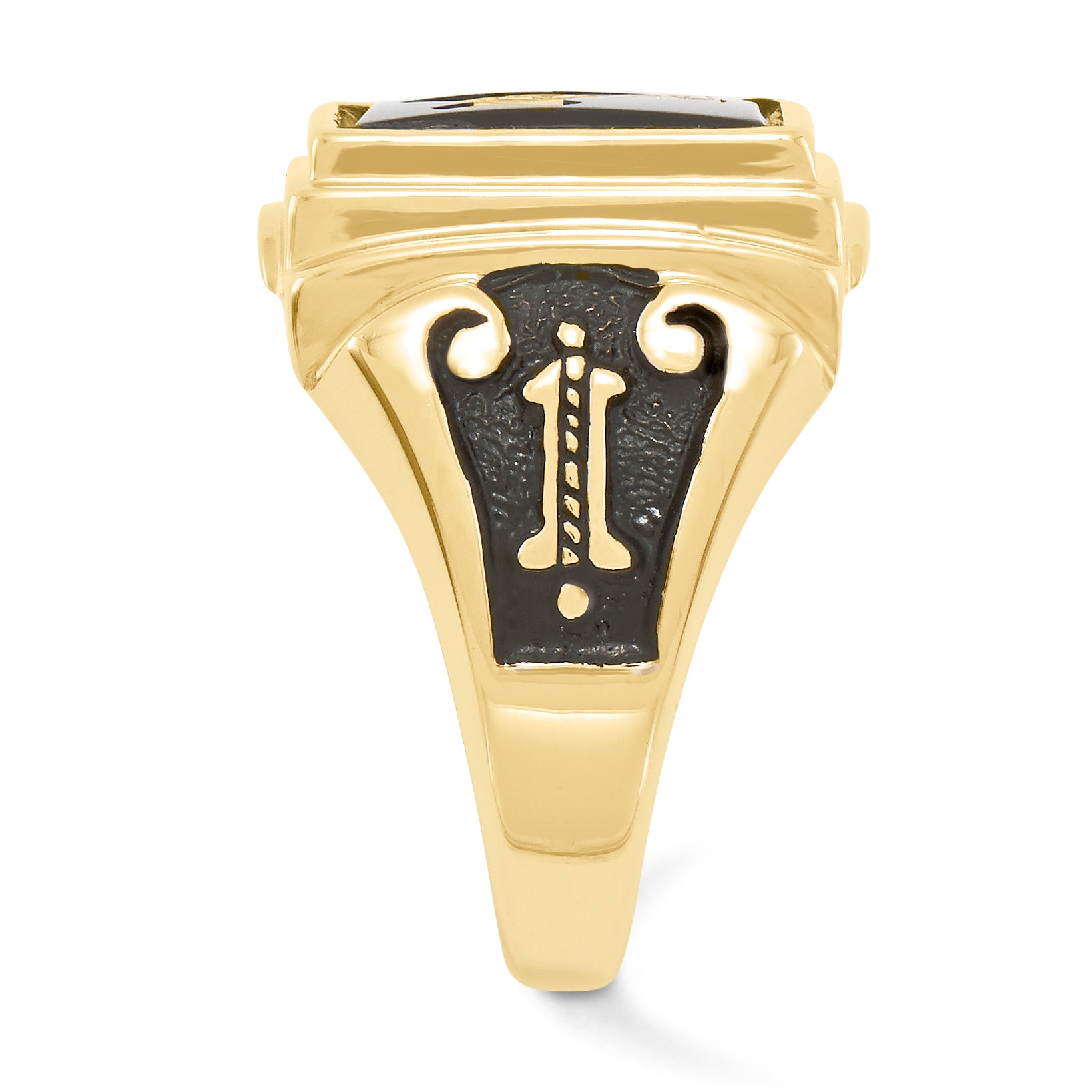 10k Men's Polished and Textured with Black Enamel and Onyx Masonic Ring - 10
