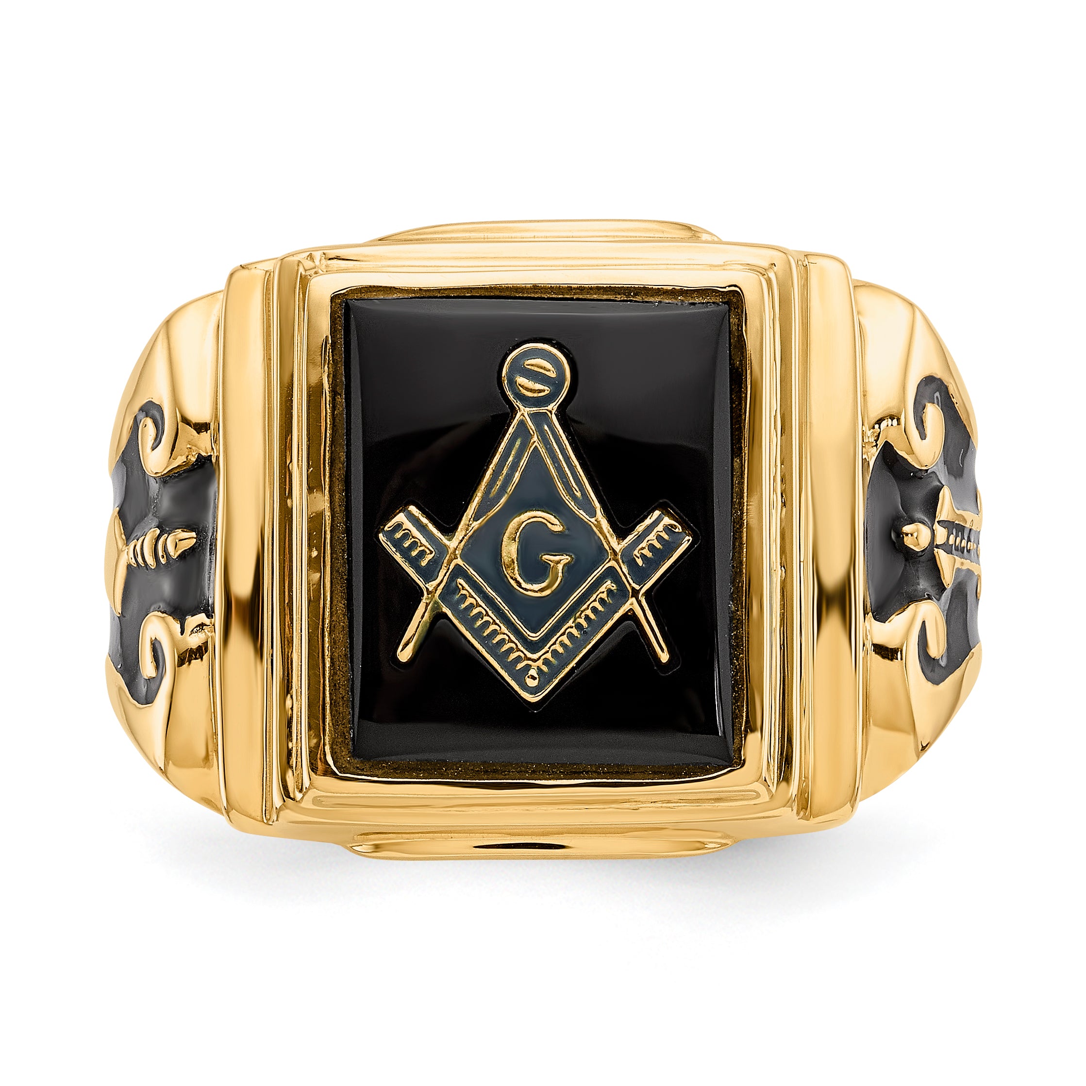 10k Men's Polished and Textured with Black Enamel and Onyx Masonic Ring - 10