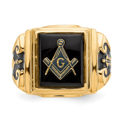 10k Men's Polished and Textured with Black Enamel and Onyx Masonic Ring - 10