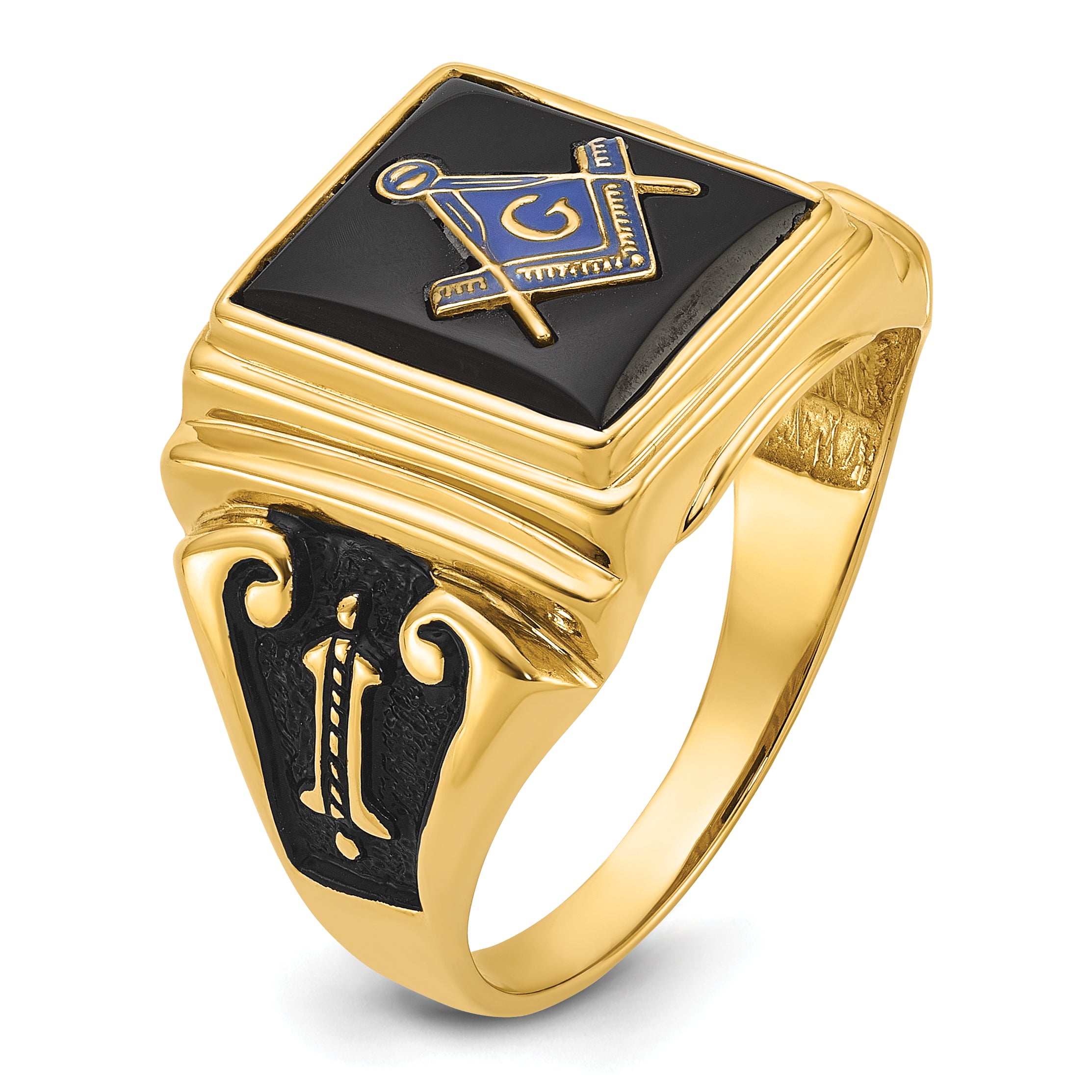 10k Men's Polished and Textured with Black Enamel and Onyx Masonic Ring - 10