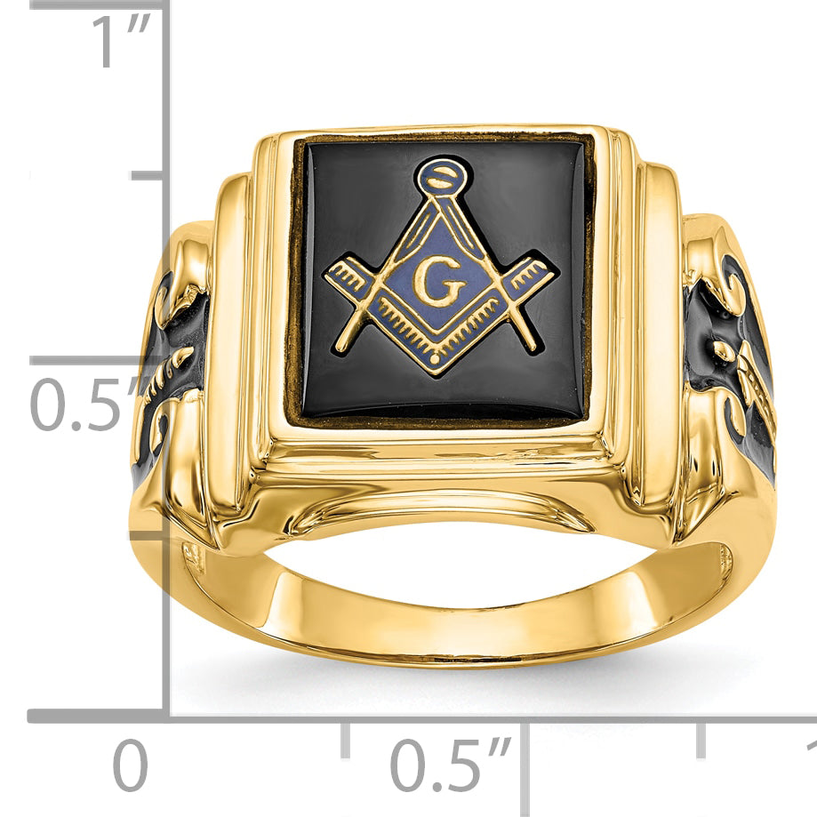 10k Men's Polished and Textured with Black Enamel and Onyx Masonic Ring - 10