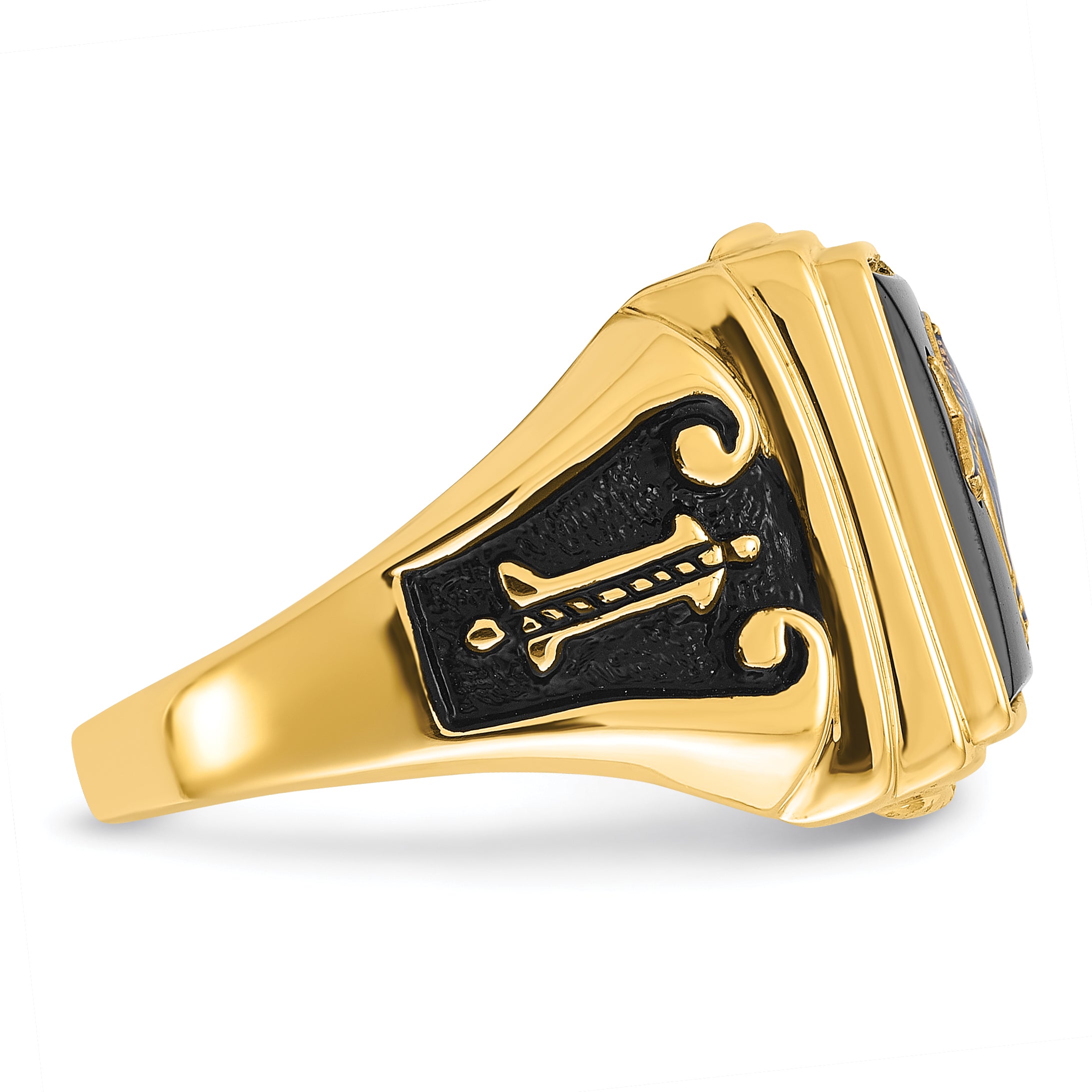10k Men's Polished and Textured with Black Enamel and Onyx Masonic Ring - 10
