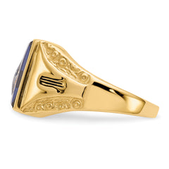 10k Men's Polished, Antiqued and Textured with Imitation Blue Spinel Masonic Ring - 10