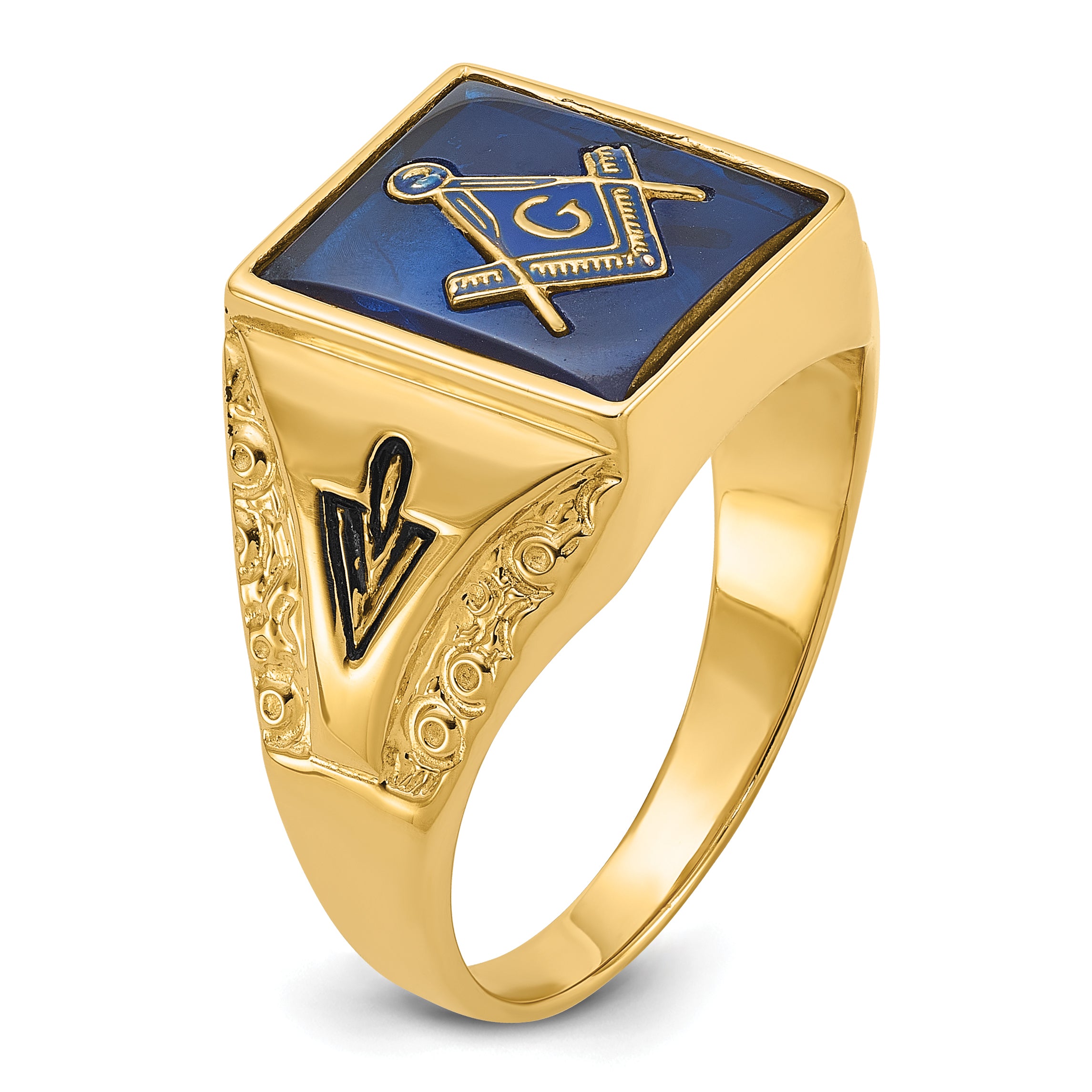 10k Men's Polished, Antiqued and Textured with Imitation Blue Spinel Masonic Ring - 10