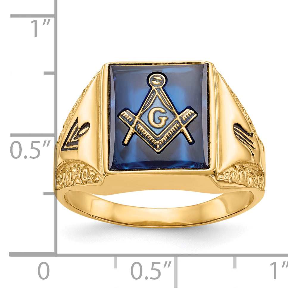 10k Men's Polished, Antiqued and Textured with Imitation Blue Spinel Masonic Ring - 10