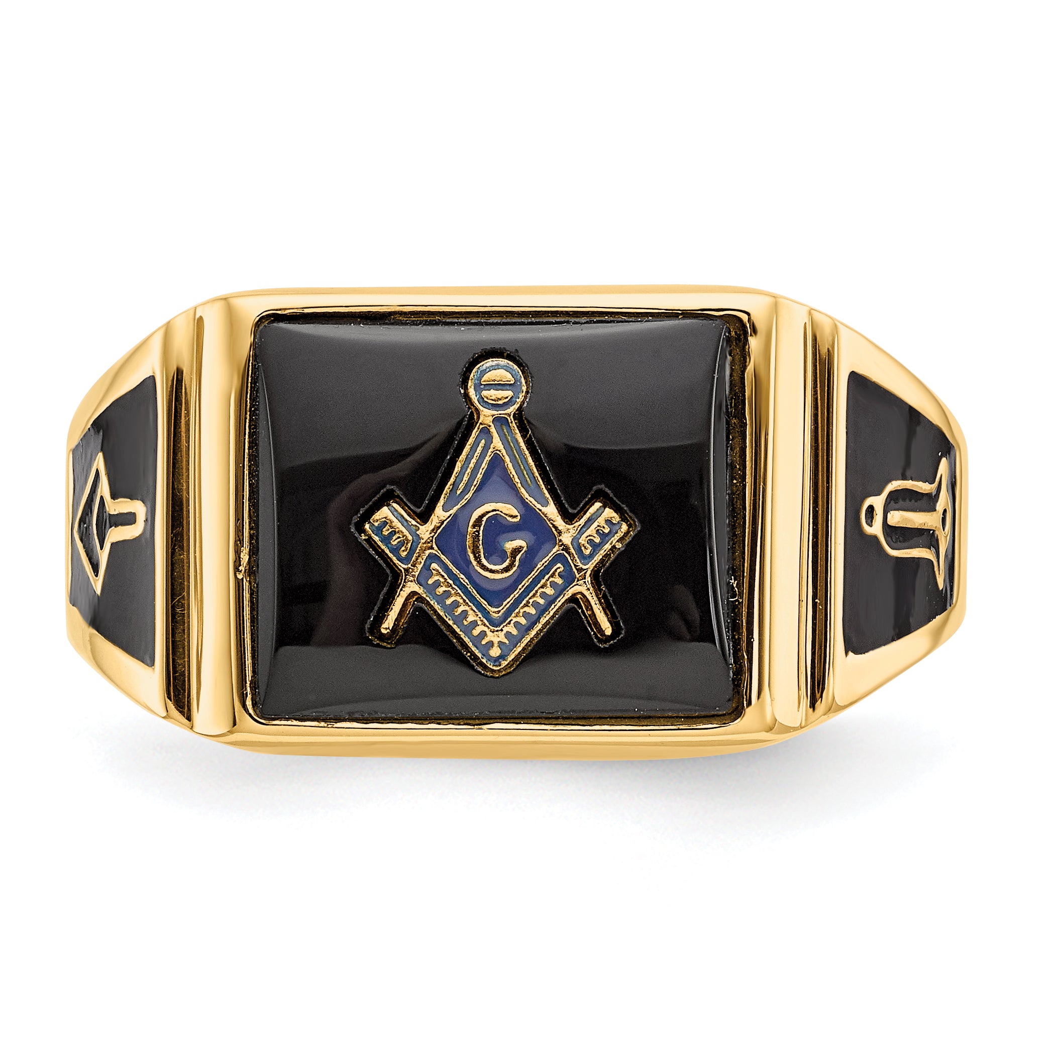 10k Men's Polished and Textured with Black Enamel and Onyx Masonic Ring - 10
