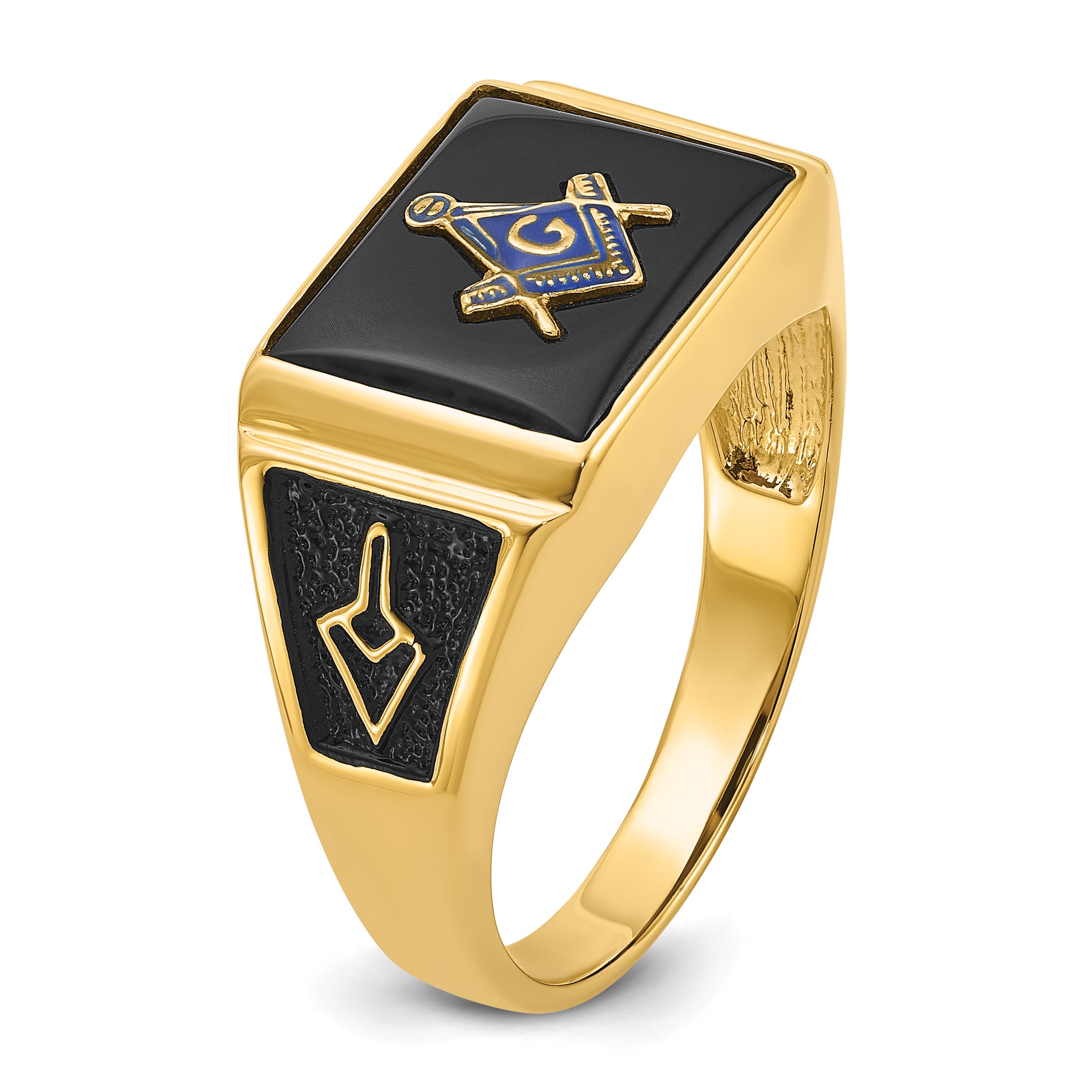 10k Men's Polished and Textured with Black Enamel and Onyx Masonic Ring - 10