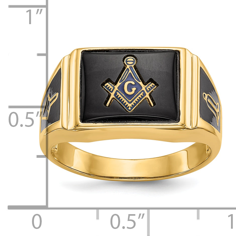 10k Men's Polished and Textured with Black Enamel and Onyx Masonic Ring - 10