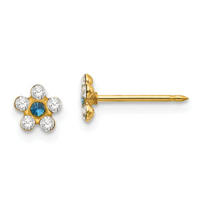 Blue Crystal Flower Piercing Stud Earrings in 14K Yellow Gold, 5mm - Sophia Jewelers