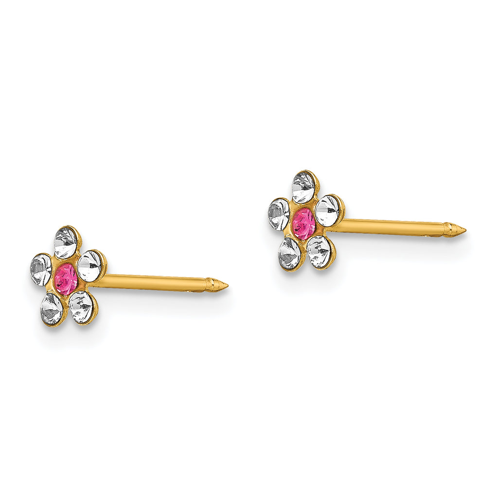 14K Gold Crystal Flower Earrings with Rose Accents  Elegant Button Style