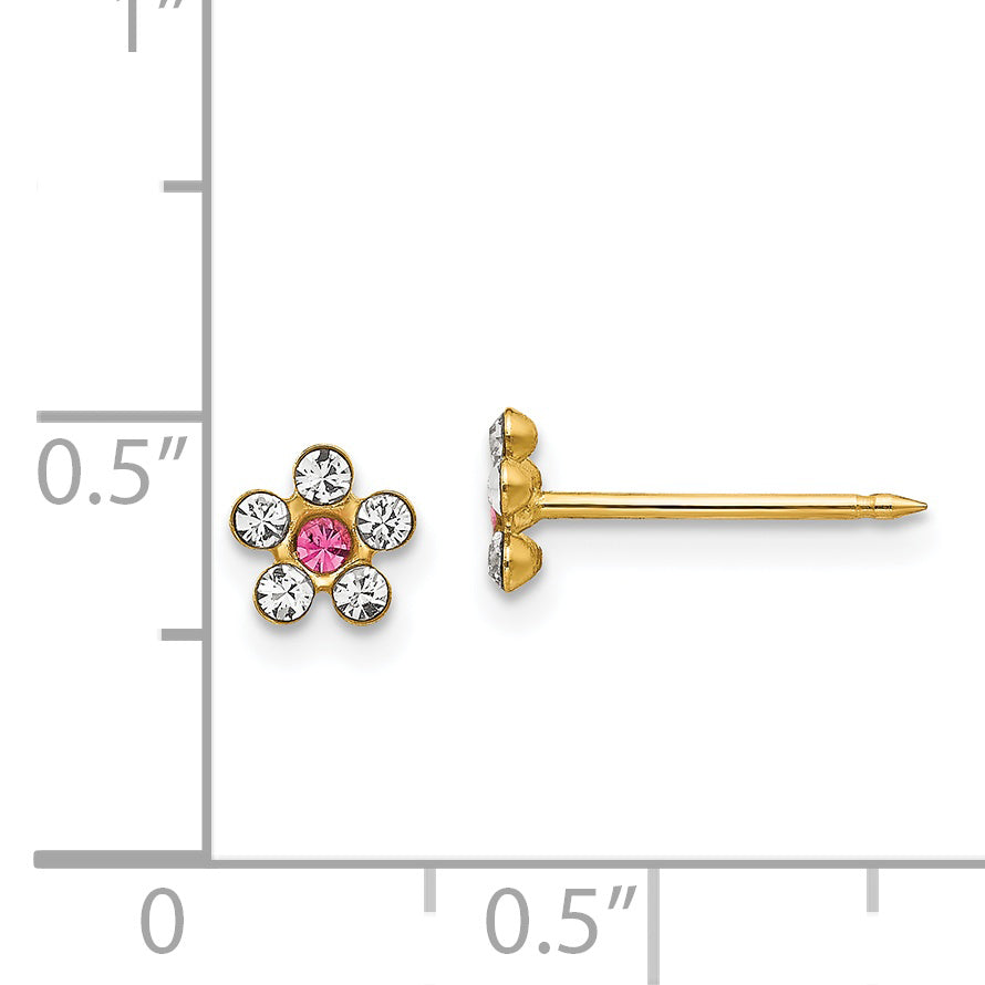 14K Gold Crystal Flower Earrings with Rose Accents  Elegant Button Style