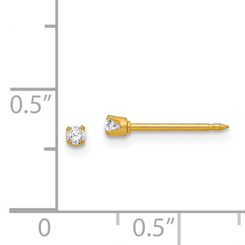 18K Gold 2mm CZ Stud Earrings with Round Cut Stone for Women