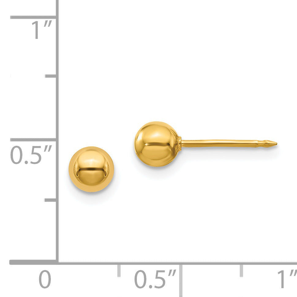 14K Gold 5mm Hollow Ball Post Earrings with Push Back for Women