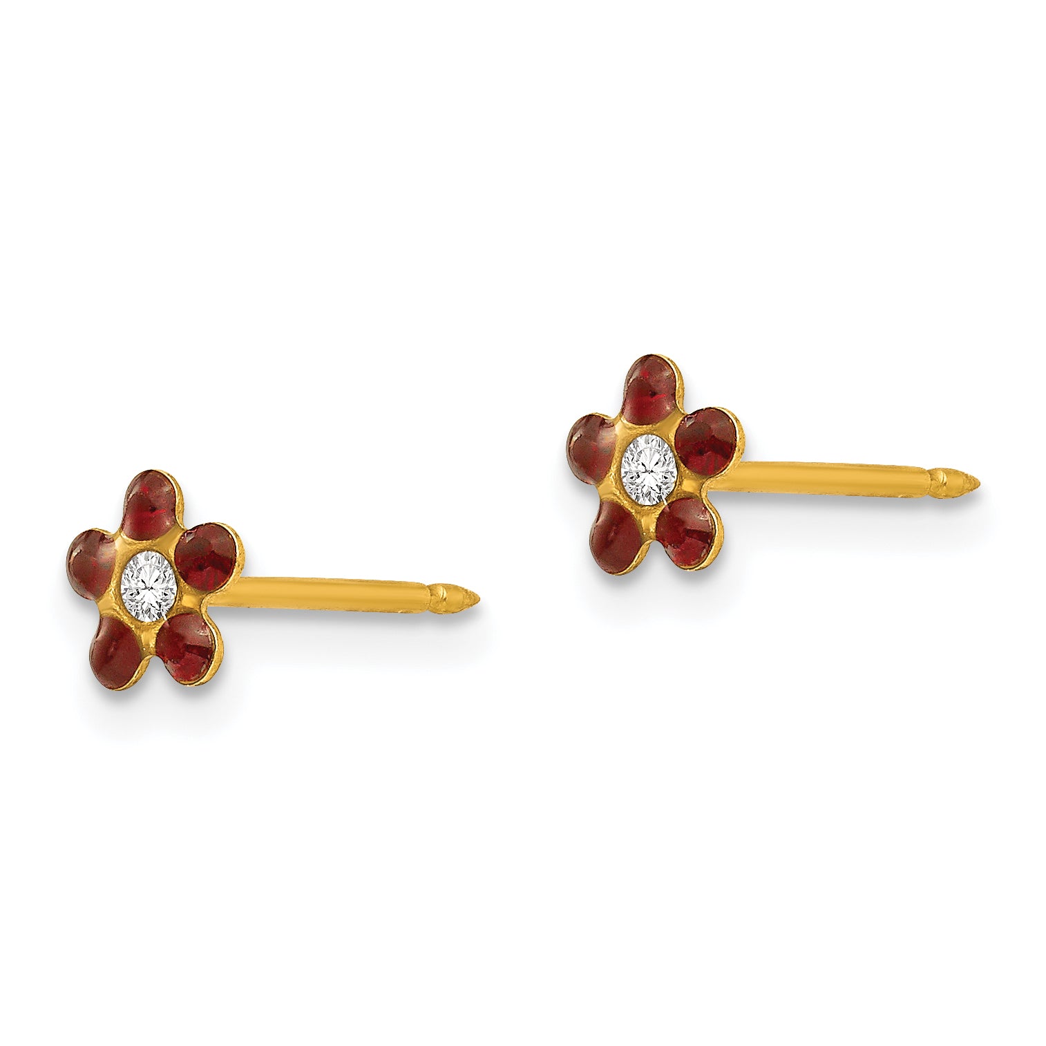 14K Gold January Birthstone Flower Earrings with Red Crystal Secondary image