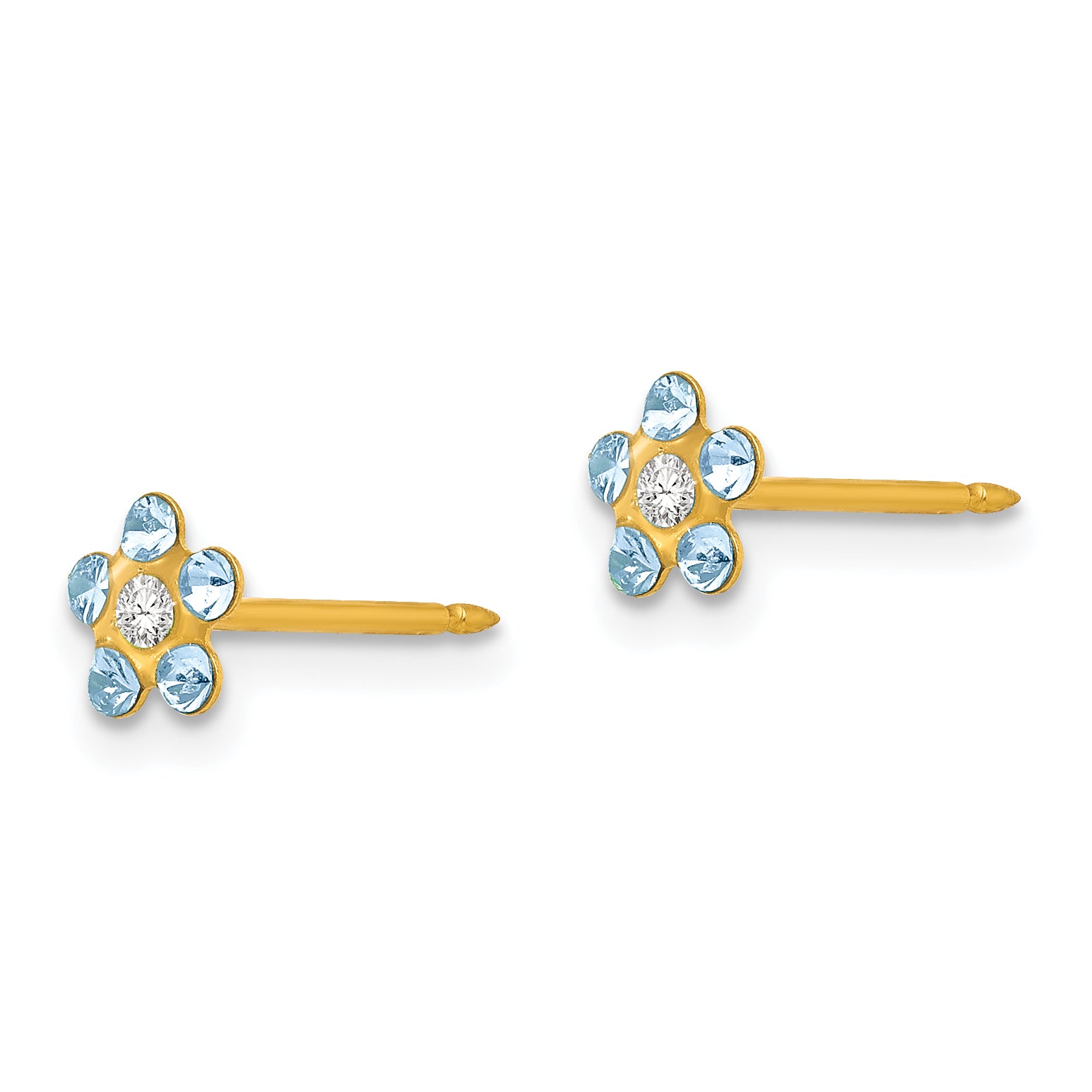 14K Gold March Birthstone Flower Earrings with Light Blue Crystal Secondary image