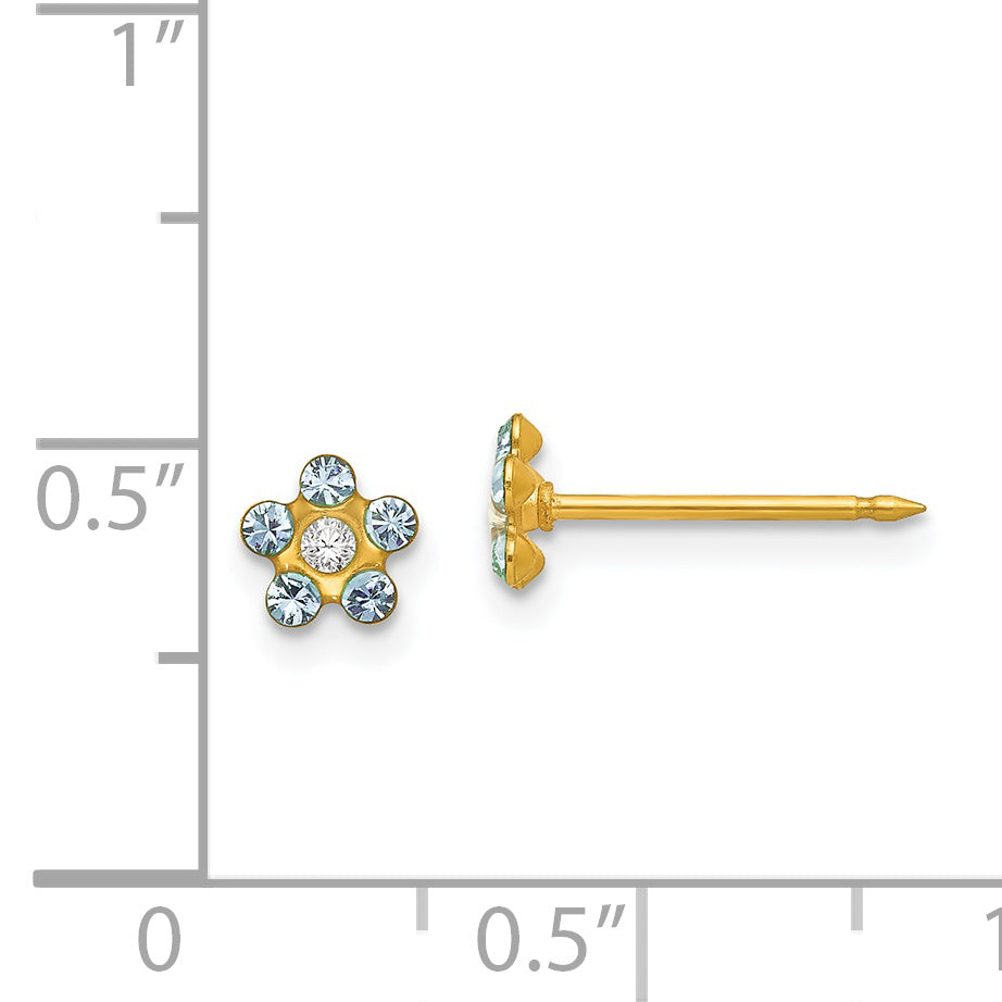 14K Gold March Birthstone Flower Earrings with Light Blue Crystal