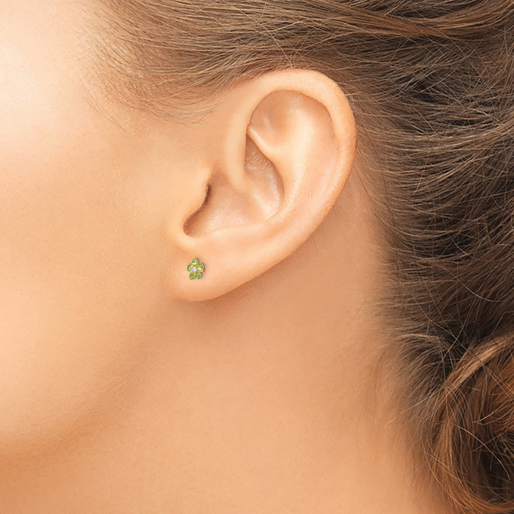 14K Gold August Birthstone Flower Earrings with Light Green Crystal  Elegant Post & Push Back Style