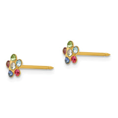 14K Gold Button Earrings with Multicolor Crystal Flower Design