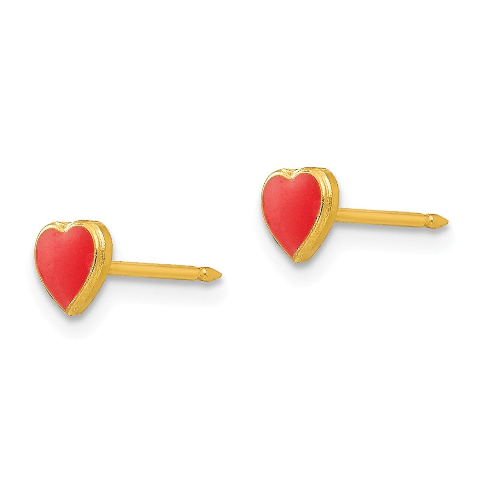 24k Gold Plated Red Enamel Heart Earrings with Solid Button Design Secondary image