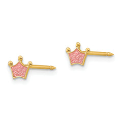 14K Gold Pink Crown Button Earrings with Epoxy Fill  Elegant and Feminine Design