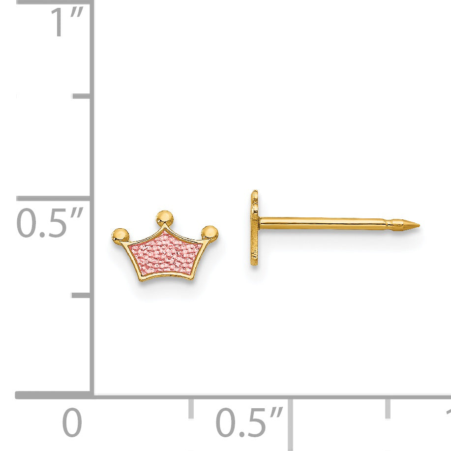 14K Gold Pink Crown Button Earrings with Epoxy Fill  Elegant and Feminine Design