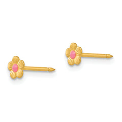 14K Gold Pink Epoxy Flower Button Earrings Elegant & Petite Design