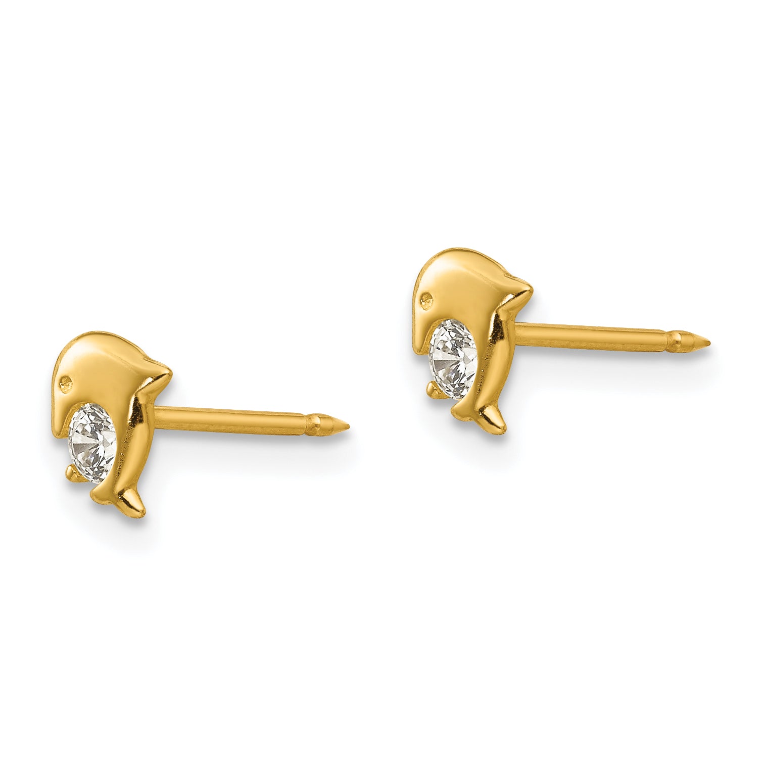 14K Gold Dolphin Earrings with Sparkling CZ Stones  Elegant Button Design Secondary image