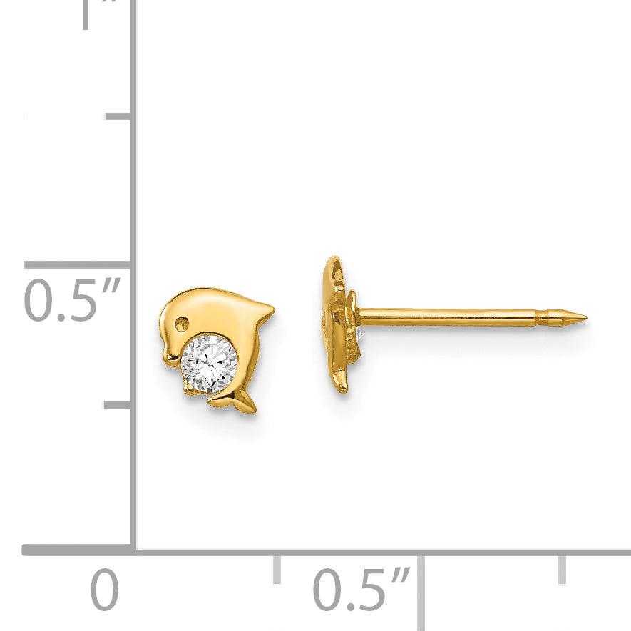 14K Gold Dolphin Earrings with Sparkling CZ Stones  Elegant Button Design