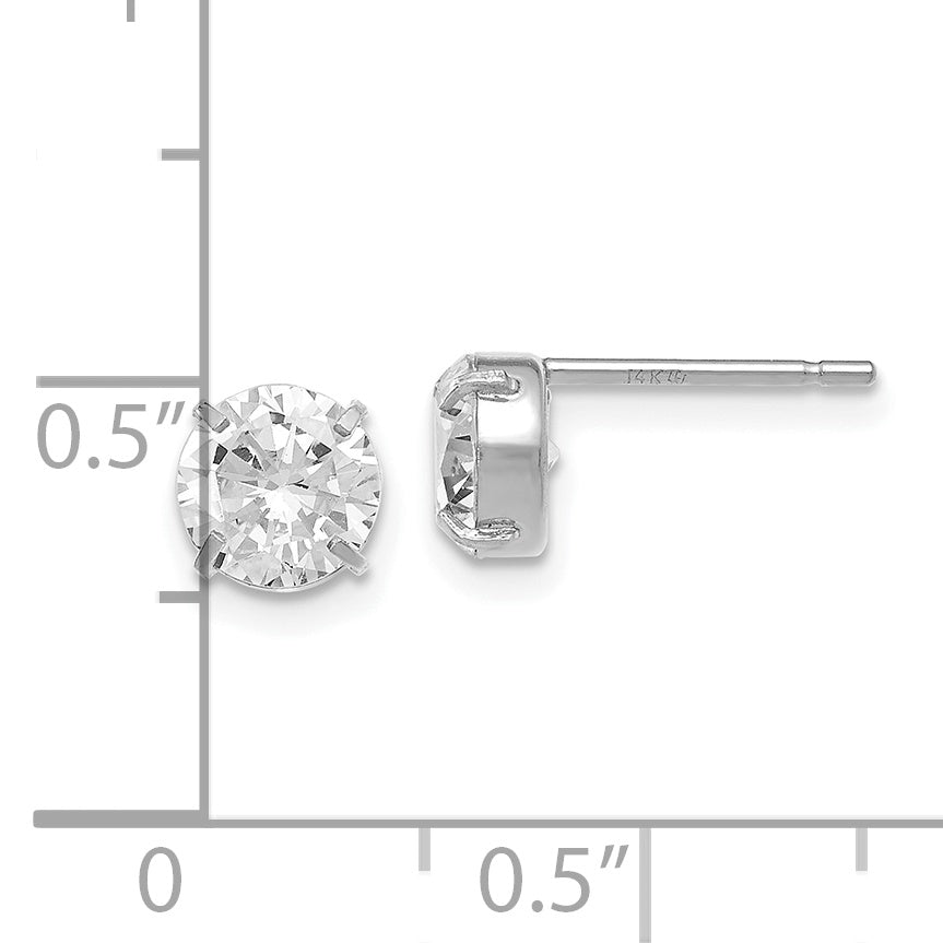 14K White Gold CZ Stud Earrings 6mm Polished Rhodium Finish