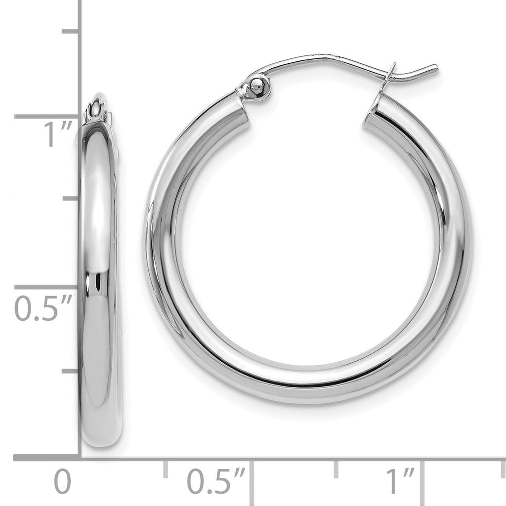 14K White Gold Polished Hoop Earrings with Rhodium, Elegant Hollow Design