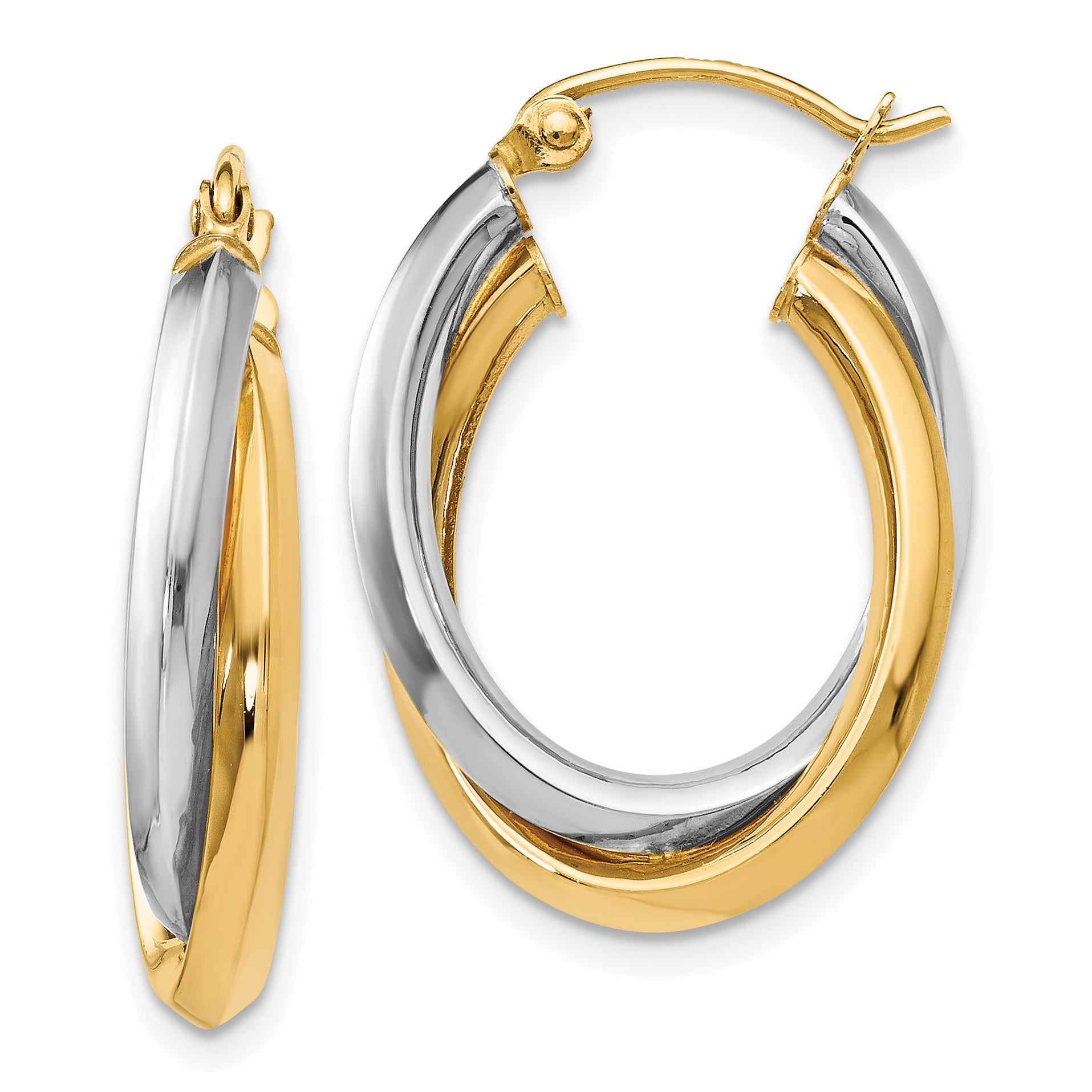 14K Two-tone Polished Oval Hinged Hoop Earrings Main image