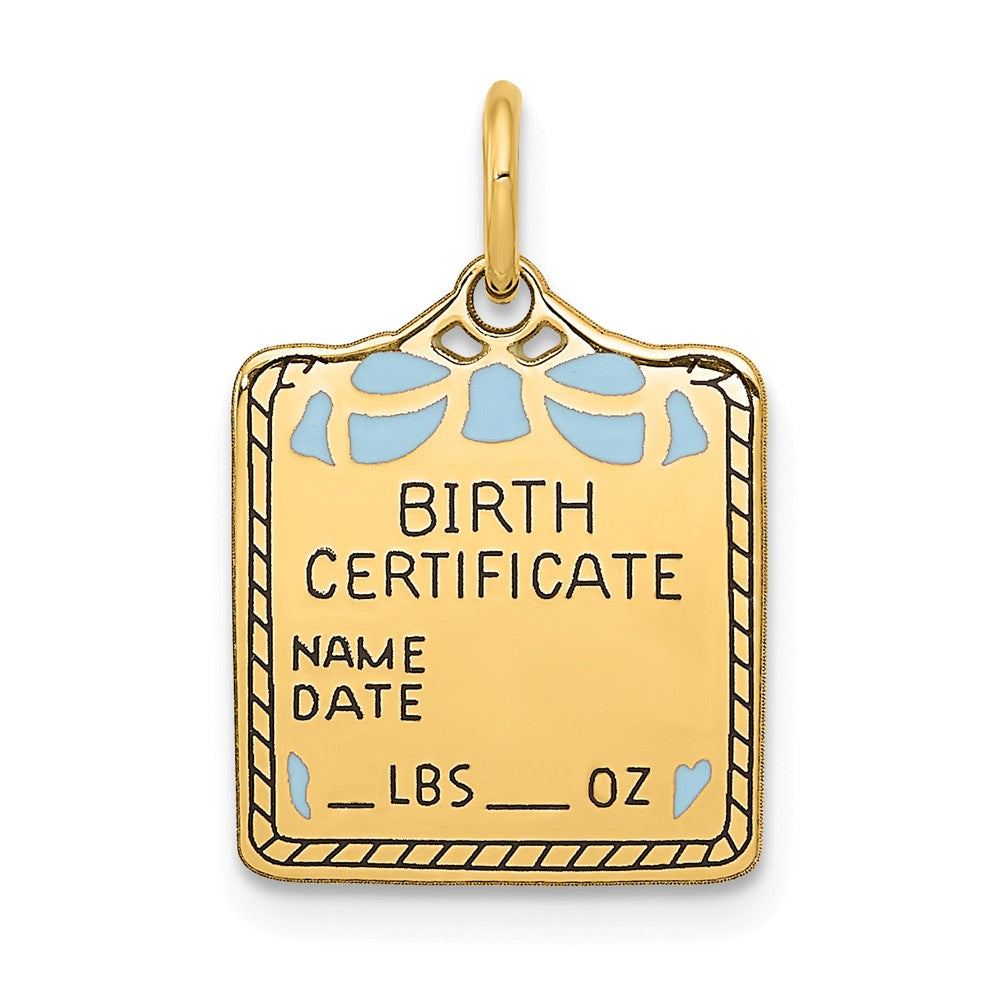 14K Gold Engravable Blue Enameled Birth Certificate Charm Elegant Personalized Gift