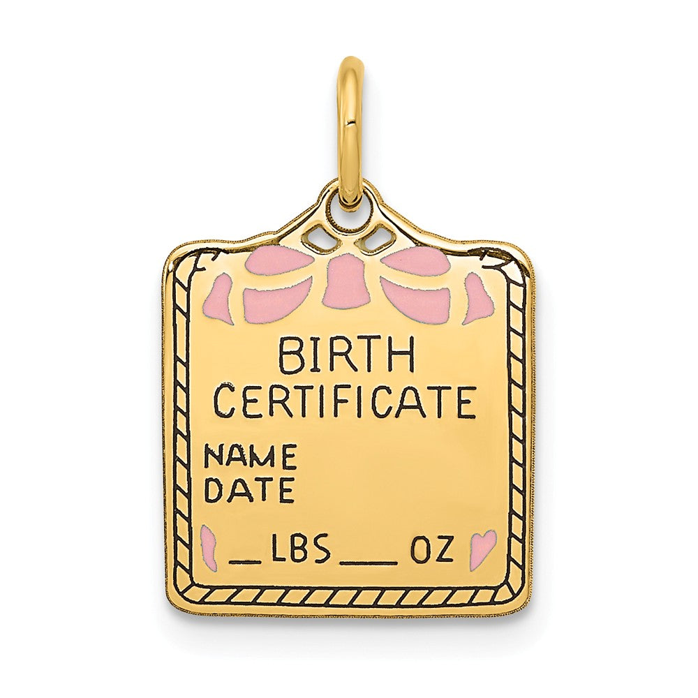 14K Gold Pink Enameled Engravable Birth Certificate Pendant
